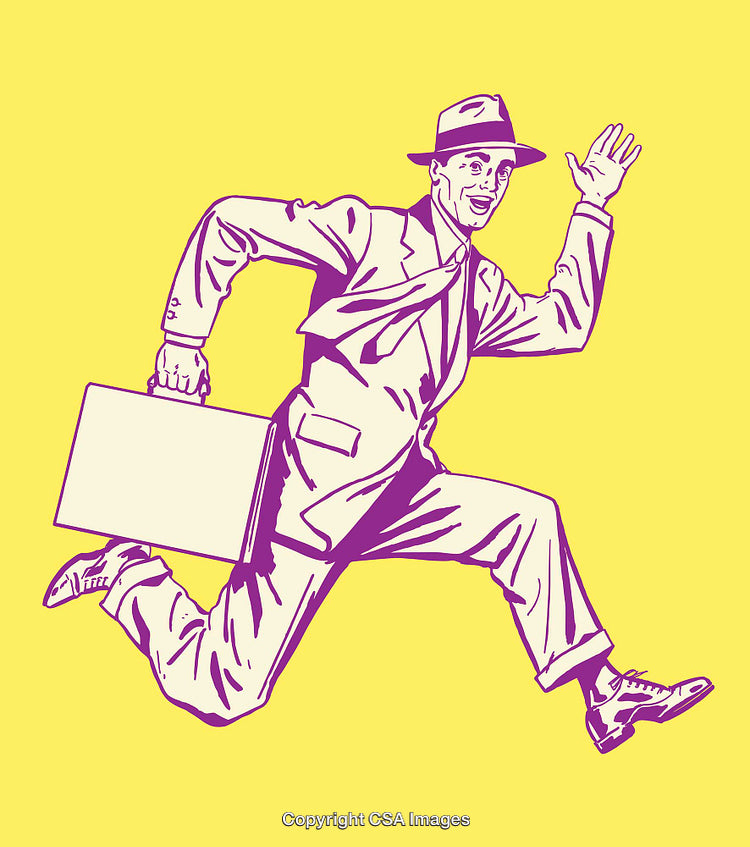 Vintage Businessman Running With Briefcase Against Yellow Background