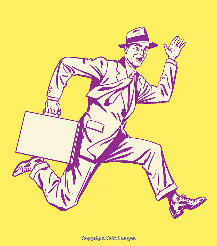 Vintage Businessman Running With Briefcase Against Yellow Background