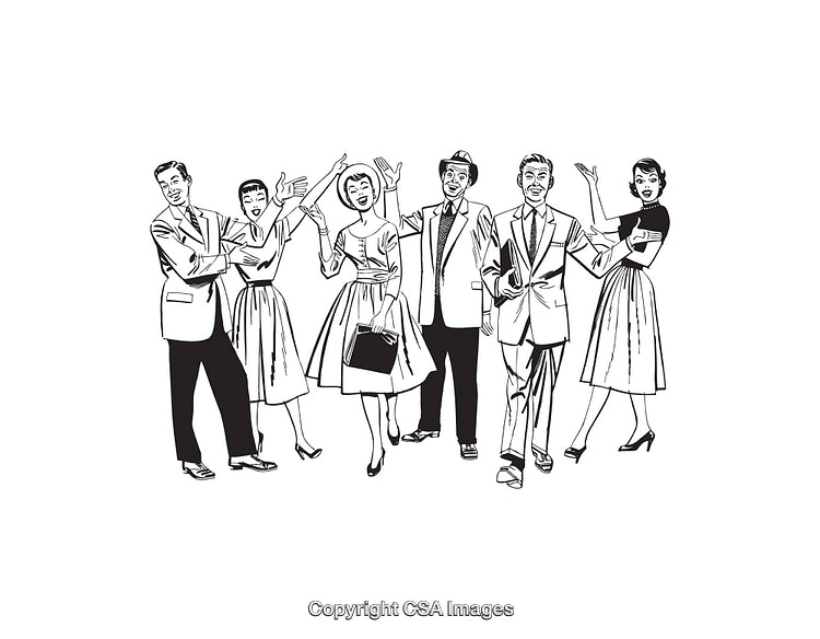 Group of Stylish Friends in Retro 1950s Line Art Illustration