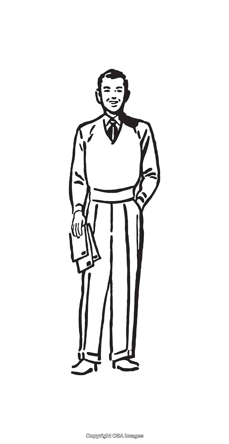 Black And White Illustration of a Man Holding Folders in Formal Attire