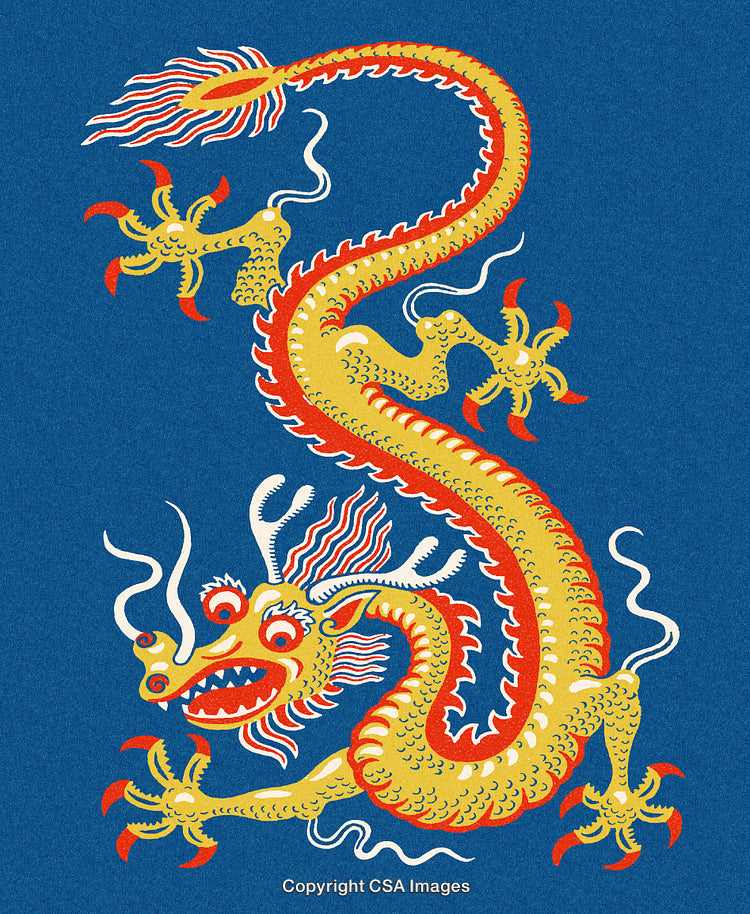 Golden Dragon Illustration on a Vibrant Blue Background