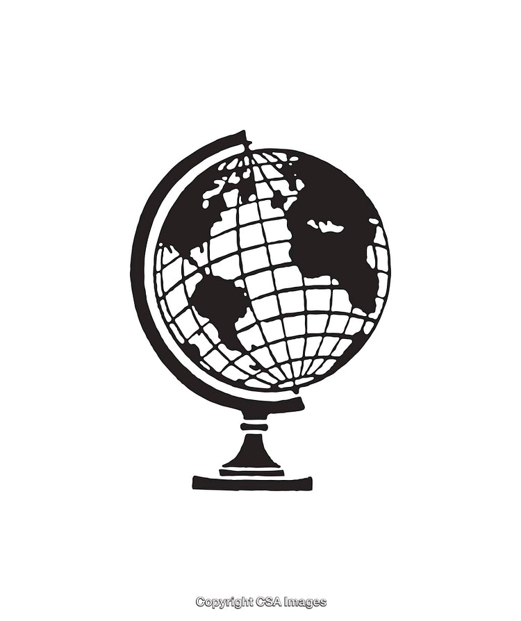 Black and White Hand-Drawn Illustration of a Rotating Globe on Stand