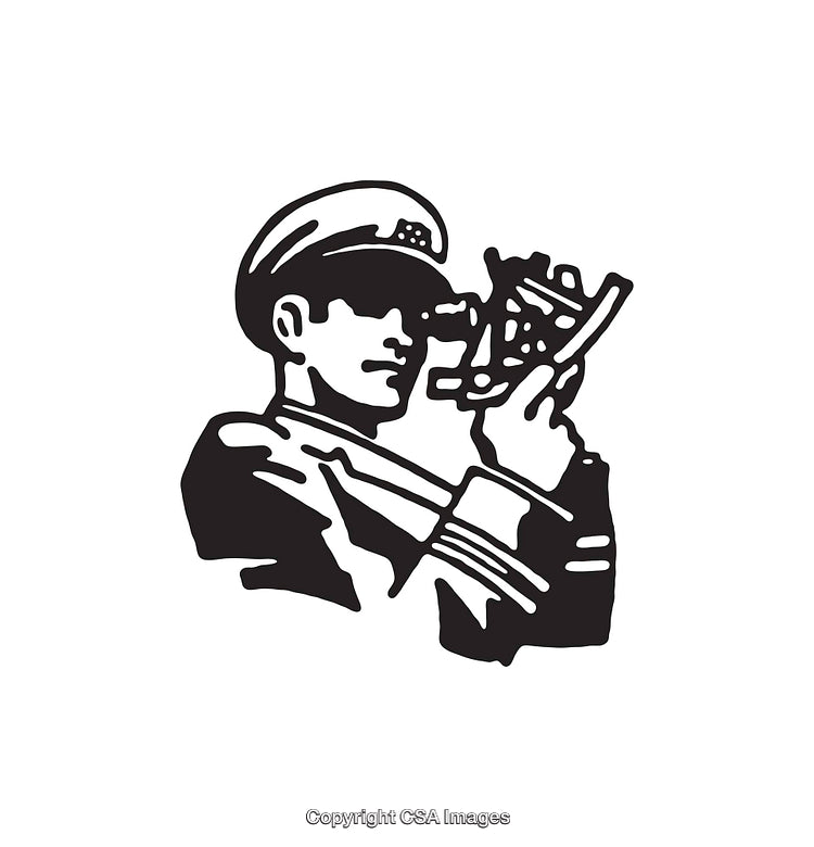 Black and White Illustration of a Navigator Using a Sextant Tool