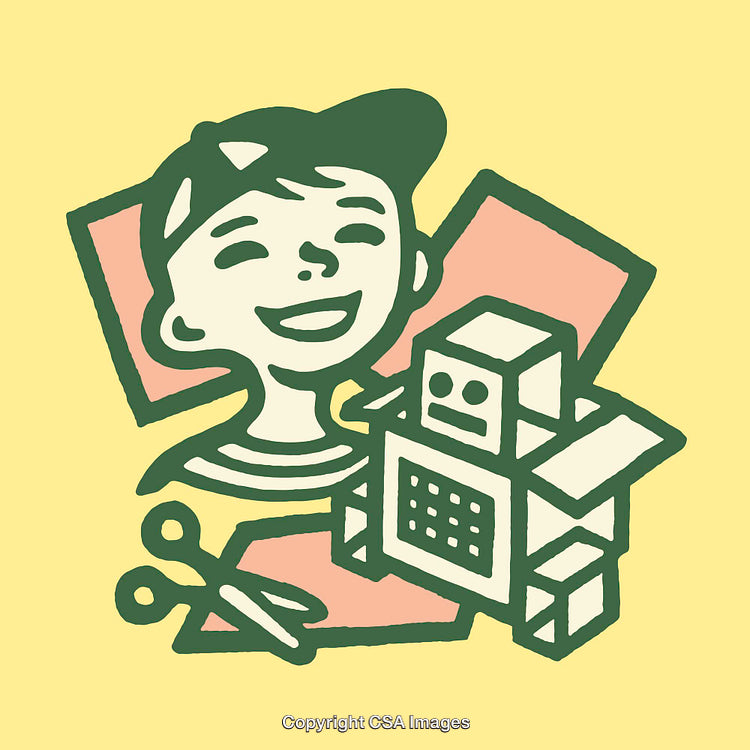 Child Smiling with Handmade Robot and Crafting Supplies in Colorful Line Art