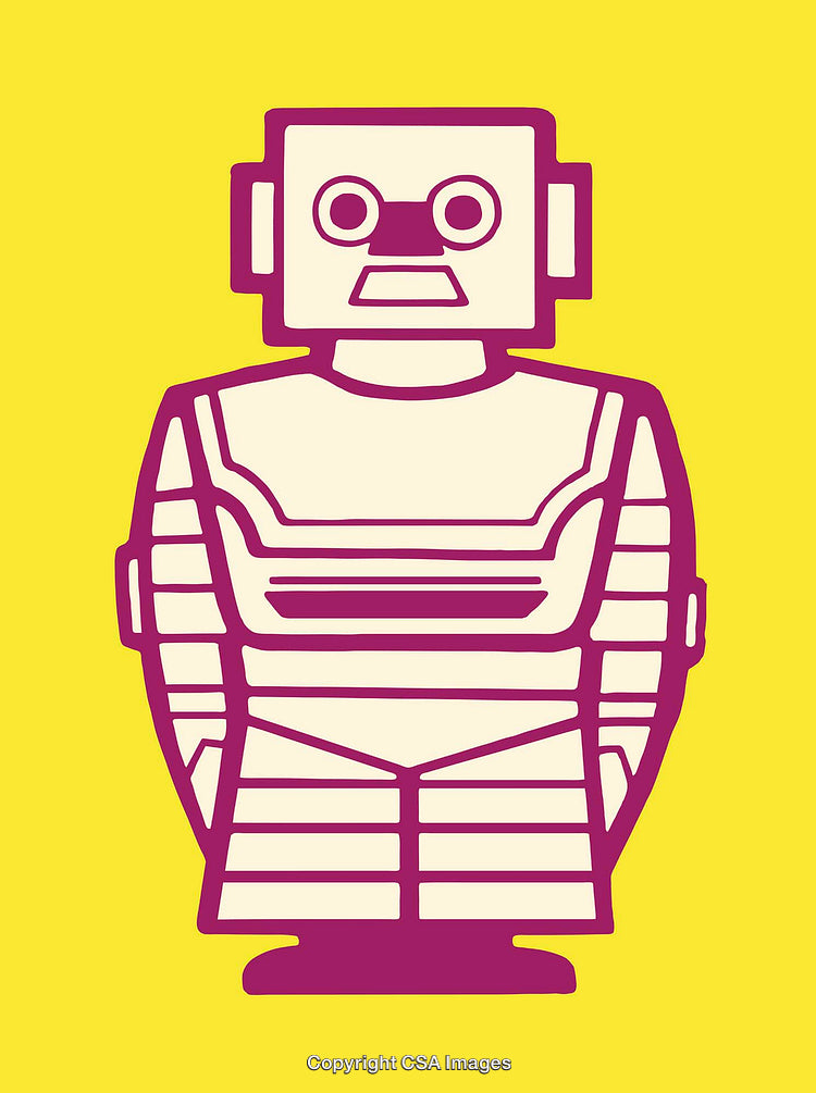 Colorful Line Art Illustration of a Retro Robot on a Yellow Background