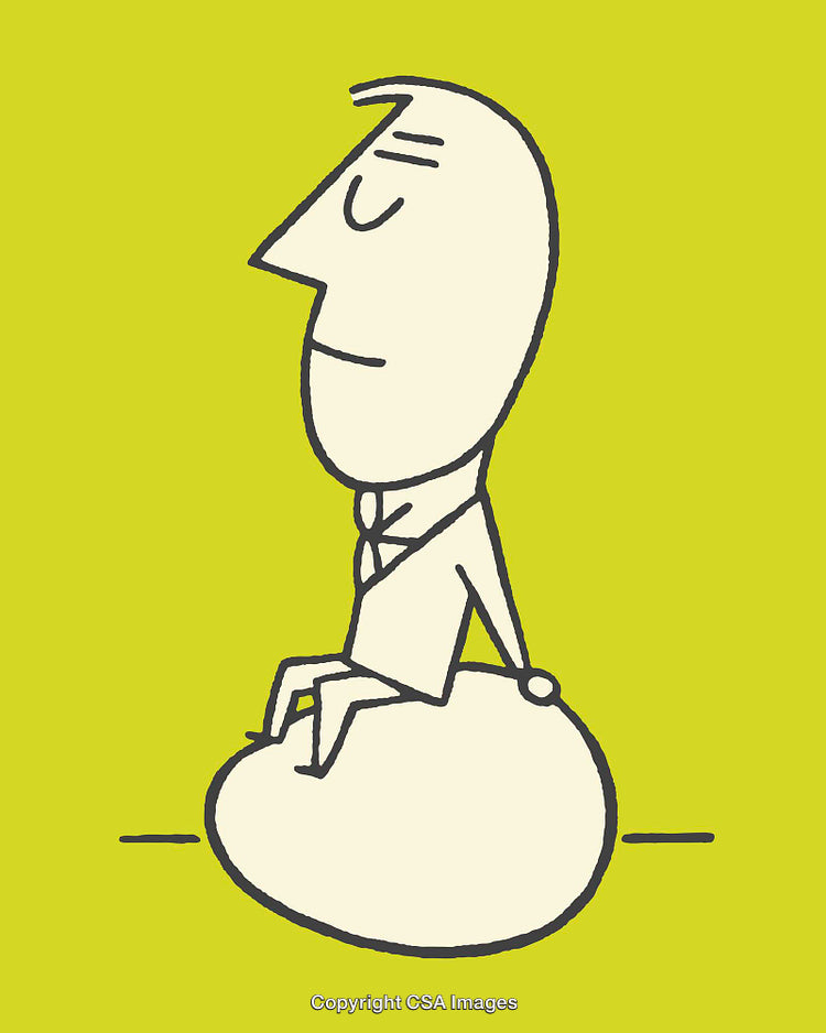 Minimalistic Cartoon Businessman Sitting on a Stone with a Calm Expression
