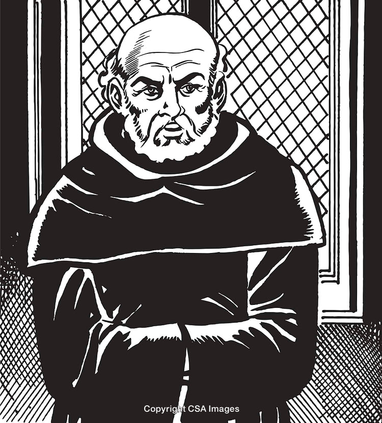 Black and White Illustration of a Monk in a Medieval Style Setting