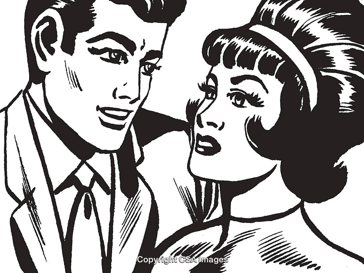 Retro Pop-Art Illustration of a Smiling Couple in Black and White