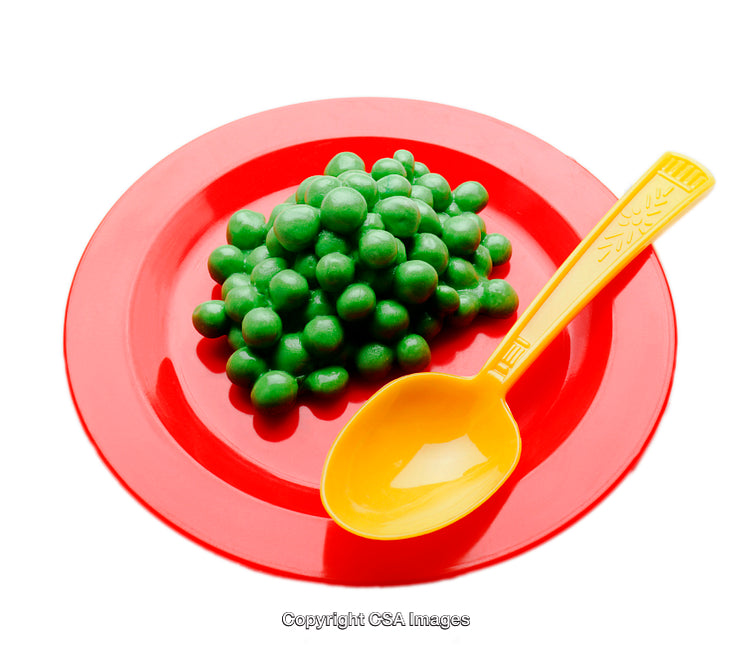 Colorful Plastic Plate with Green Toy Food and Yellow Spoon