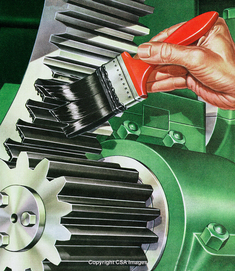 Hand Applying Lubricant to Metal Machine Gear Using a Brush