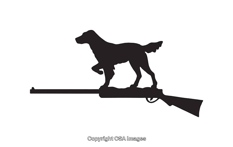 Silhouette of a Hunting Dog Standing on a Rifle in Black and White
