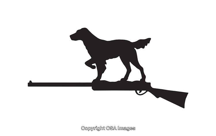 Silhouette of a Hunting Dog Standing on a Rifle in Black and White