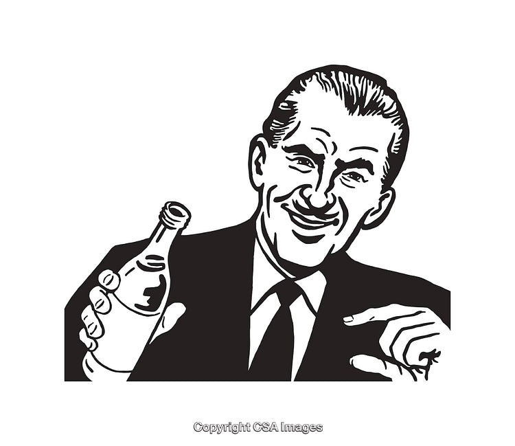 Vintage Black and White Illustration of a Smiling Man Holding a Bottle