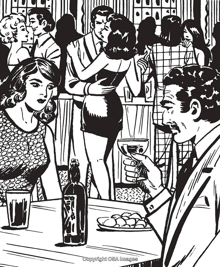 Retro Style Social Gathering With Dancing and Drinks in Black and White Art