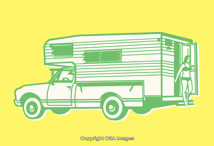 Retro Line Art Illustration of Camper Van with Person Exiting