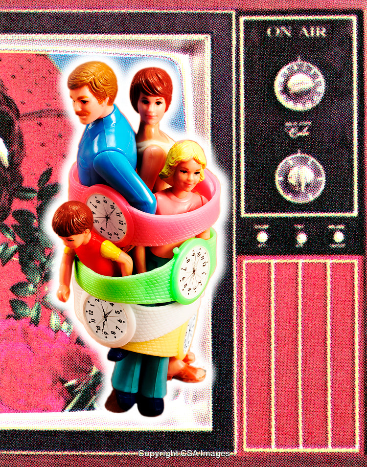 Surreal Composition of Plastic Figures with Retro Background