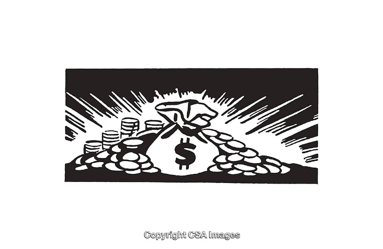 Black And White Illustration of Wealth Symbol with Coins and Money Bag