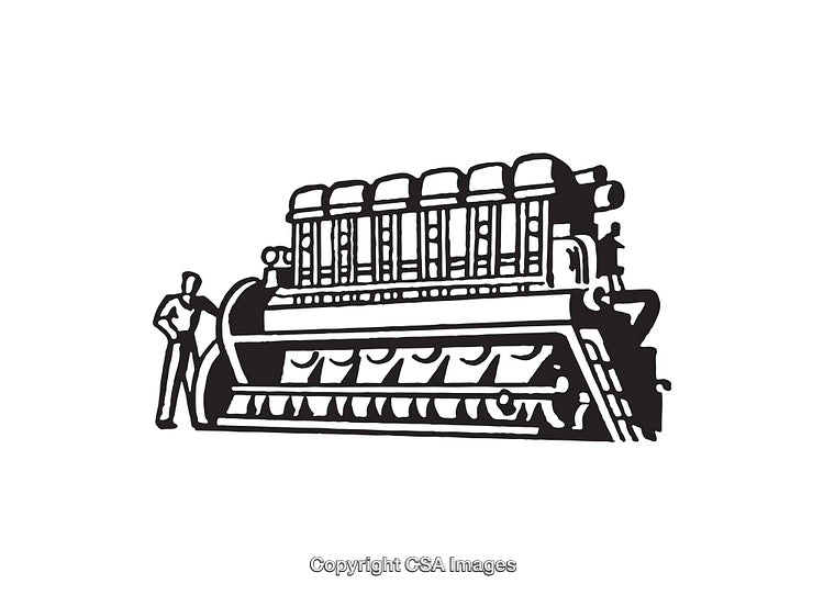 Line Art Illustration of Industrial Engine with a Figure for Scale