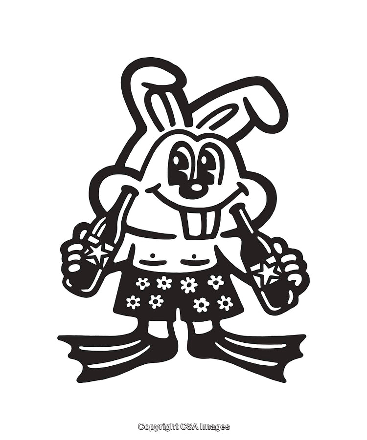 Cartoon Style Rabbit in Swimwear Holding Bottles Black and White Illustration
