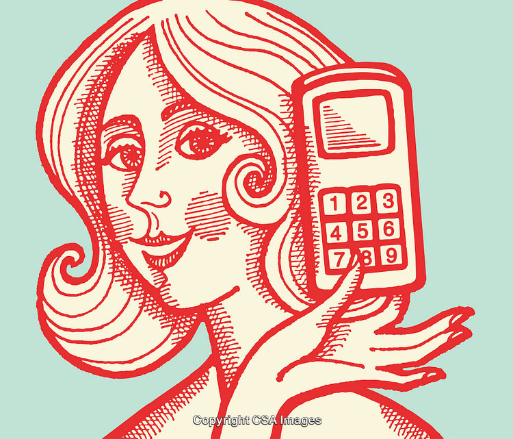 Retro Styled Illustration of Woman Holding a Mobile Phone in Hand