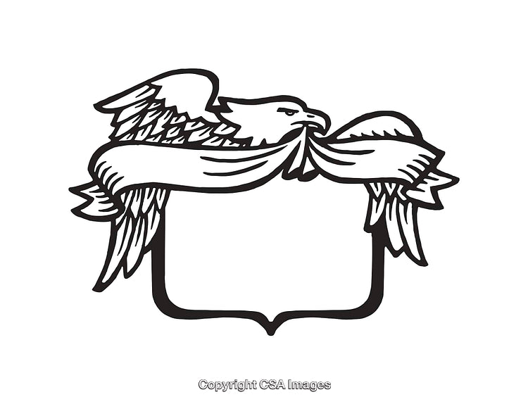 Black and White Line Art of an Eagle Holding a Ribbon