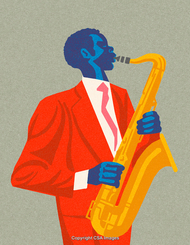 Vibrant Illustration of a Saxophone Player Wearing a Bold Red Suit