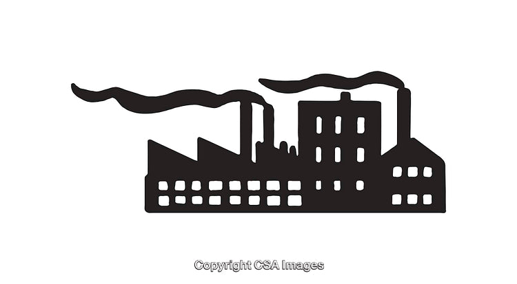 Black and White Factory Silhouette with Smoking Chimneys Icon Illustration