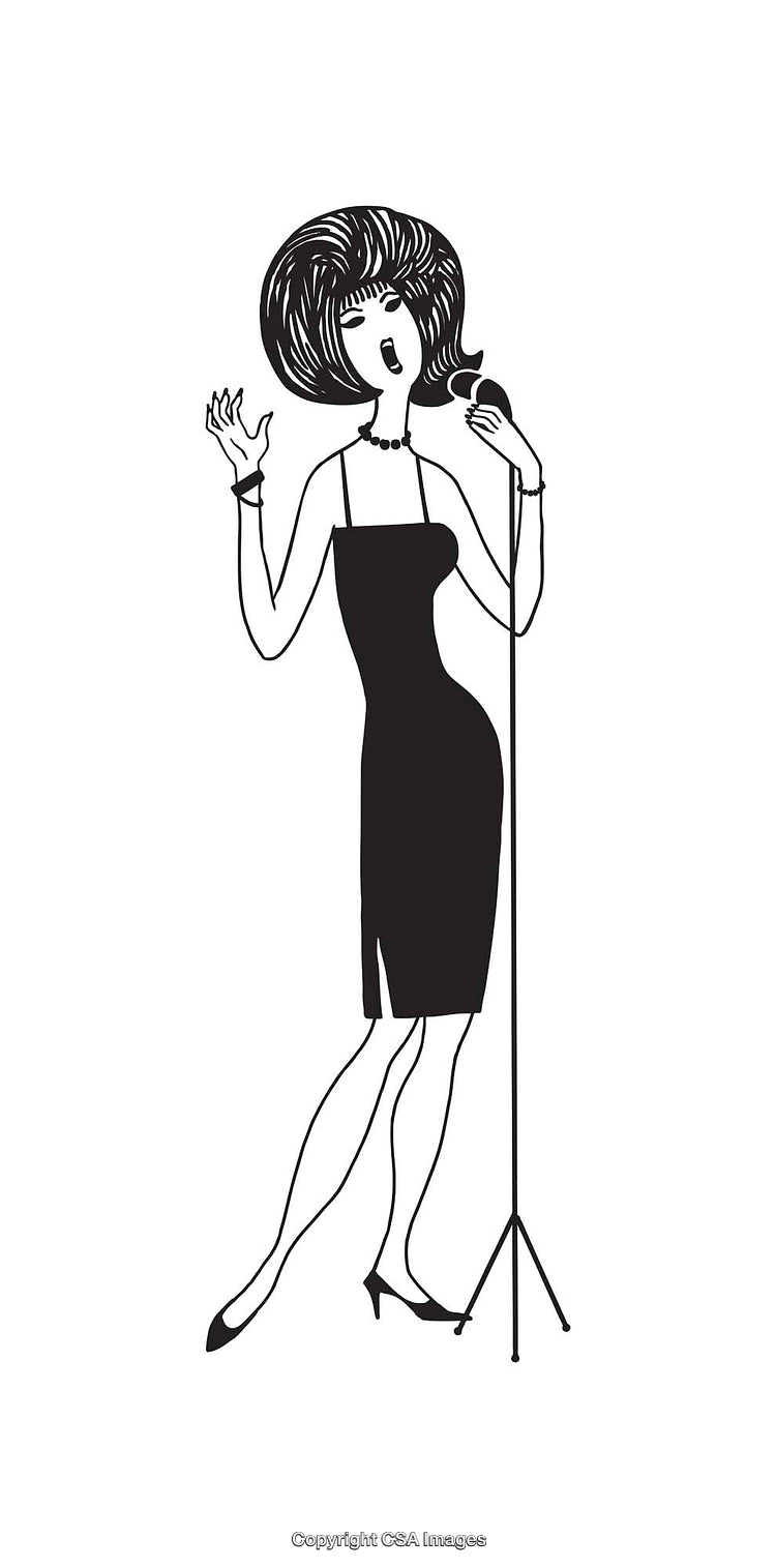 Elegant Female Singer in Black-And-White Line Art Style Illustration