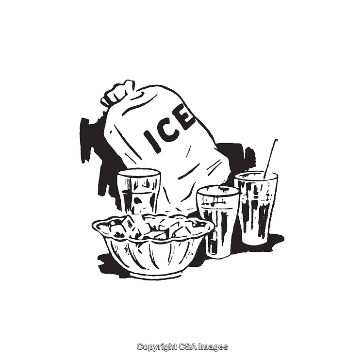 Black and White Illustration of Ice Bag with Cold Beverages