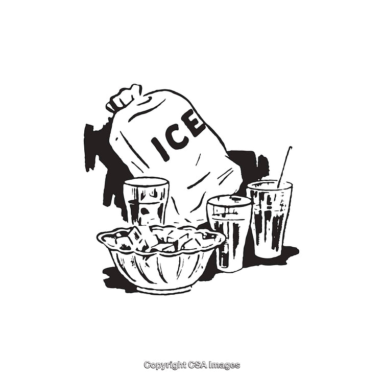 Black and White Illustration of Ice Bag with Cold Beverages