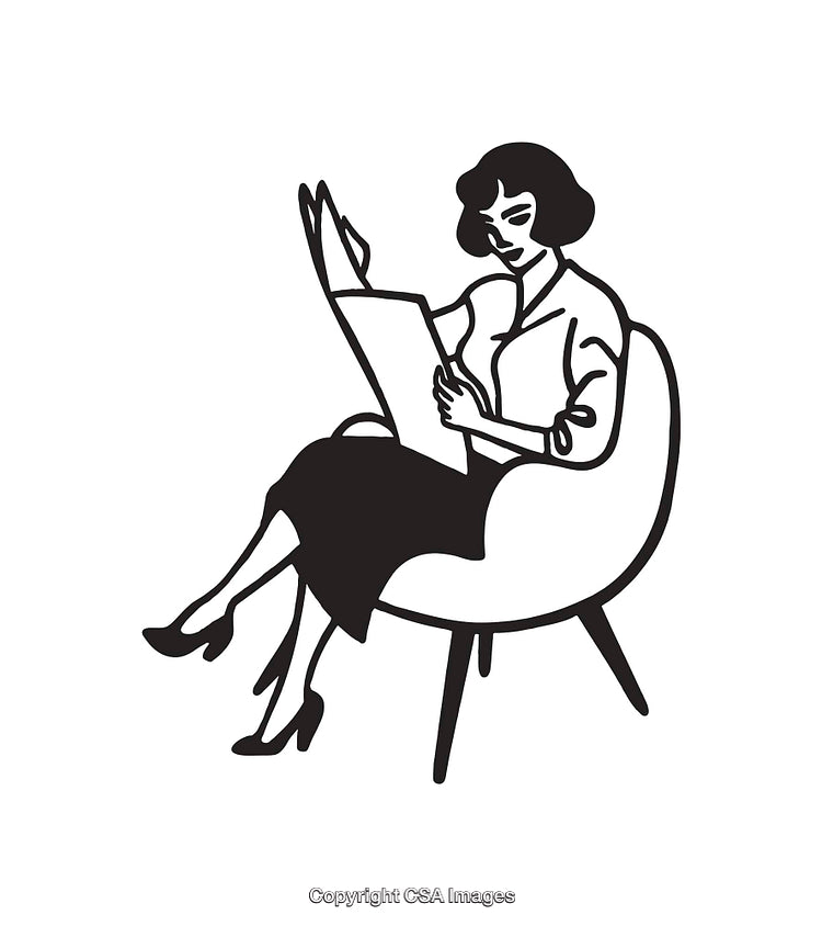 Elegant Woman Sitting and Reading Newspaper in Black and White Line Art