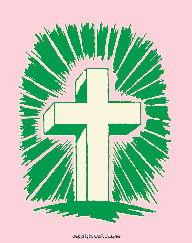 Green Cross with Radiating Lines on Pink Background