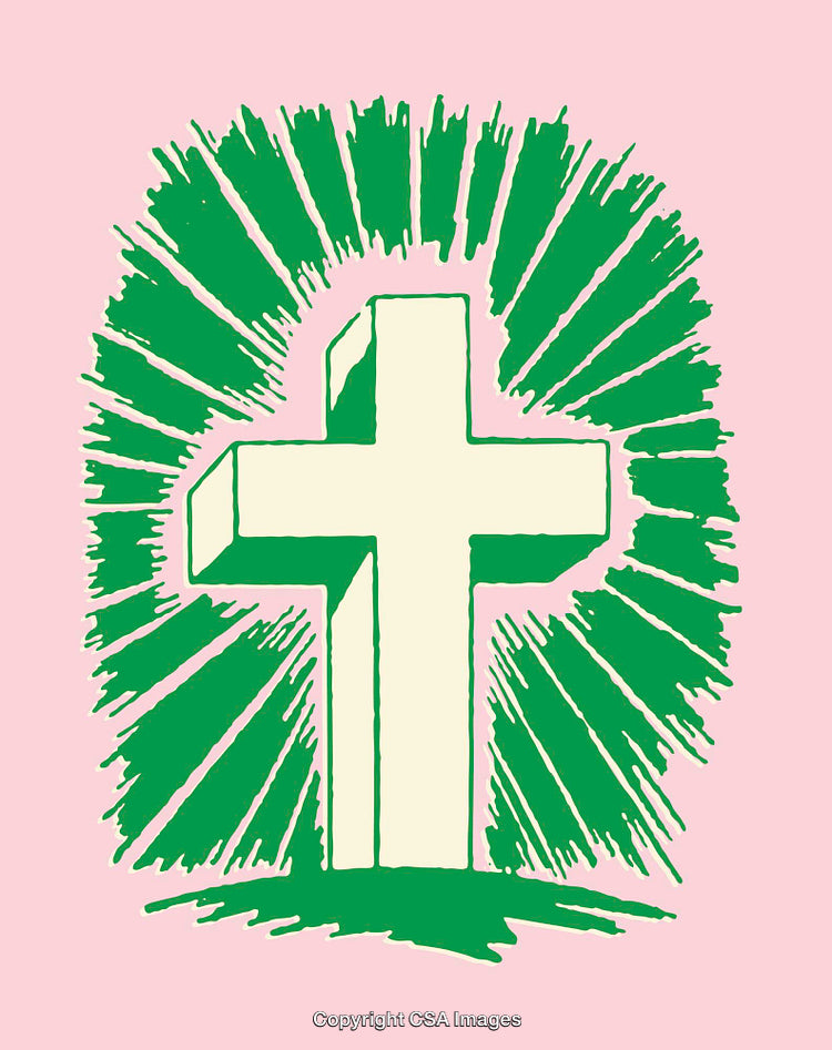 Green Cross with Radiating Lines on Pink Background
