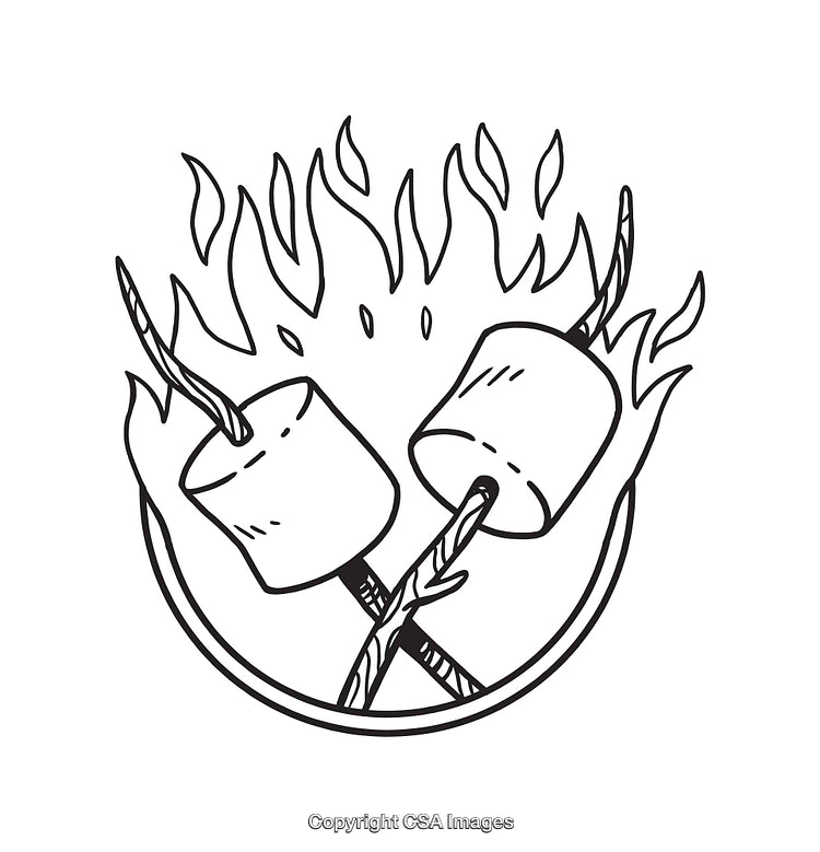Line Art Illustration of Marshmallows Roasting Over Campfire Flames