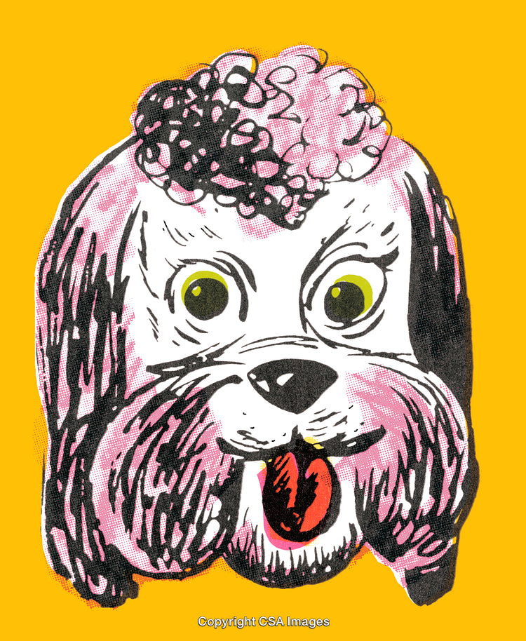 Colorful Illustration of a Cheerful Cartoon-Style Dog Face on Bright Solid Background