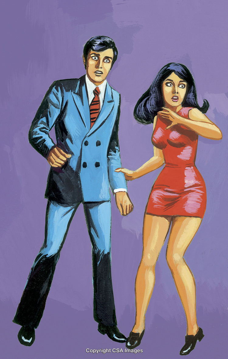 Illustration of Surprised Couple in Colorful Retro Style with Dramatic Expressions