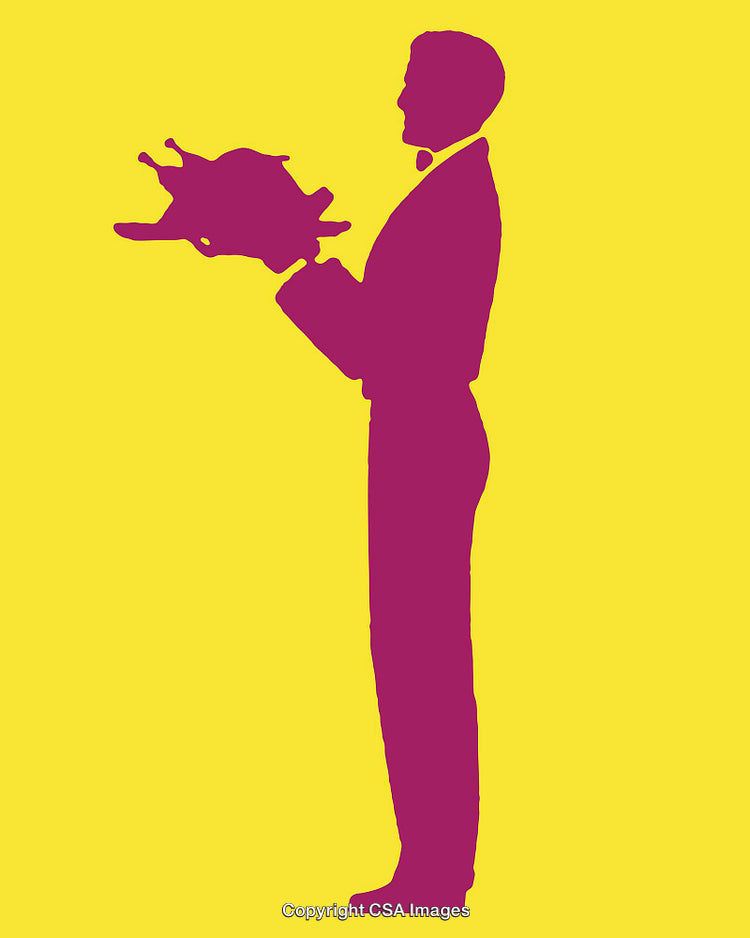 Silhouette of a Businessman Holding a Roast Turkey on Yellow Background