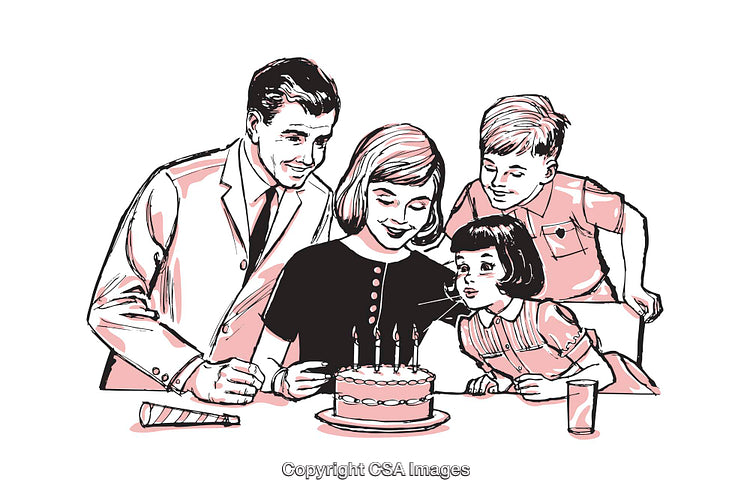 Family Celebrates a Birthday With Cake in Vintage Illustration Style