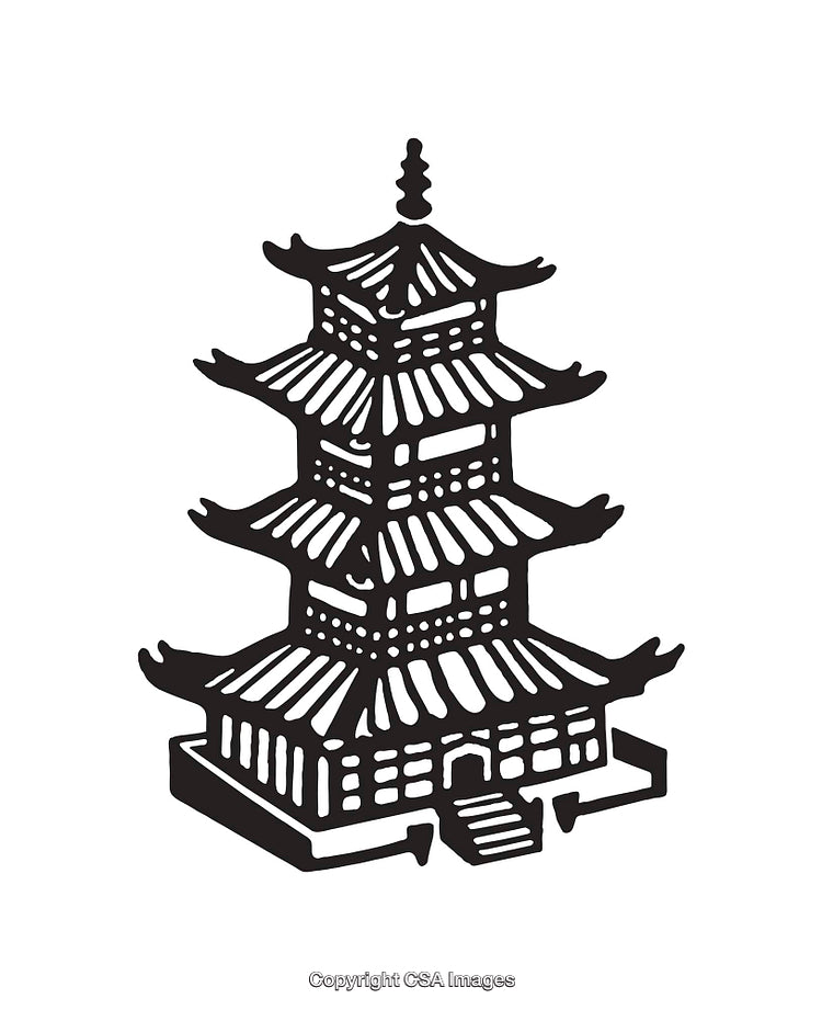 Traditional Asian Pagoda in Black and White Line Art Illustration