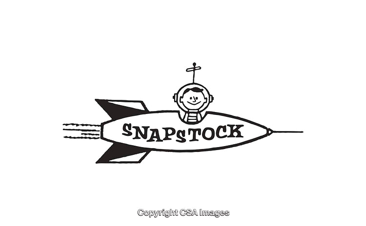 Illustration of a Space Rocket with Astronaut in Black and White Line Art