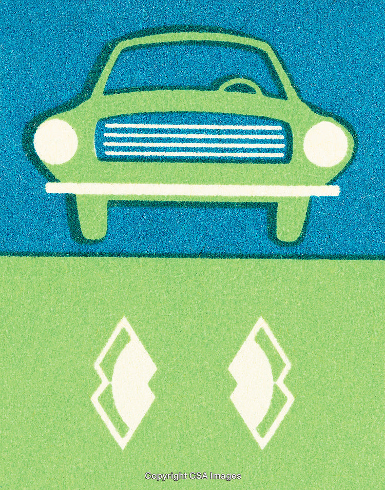 Illustration of a Classic Green Car with Symbolic Geometric Shapes