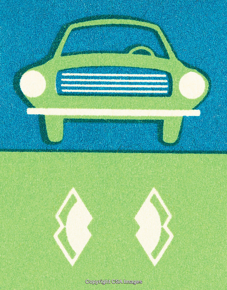 Illustration of a Classic Green Car with Symbolic Geometric Shapes