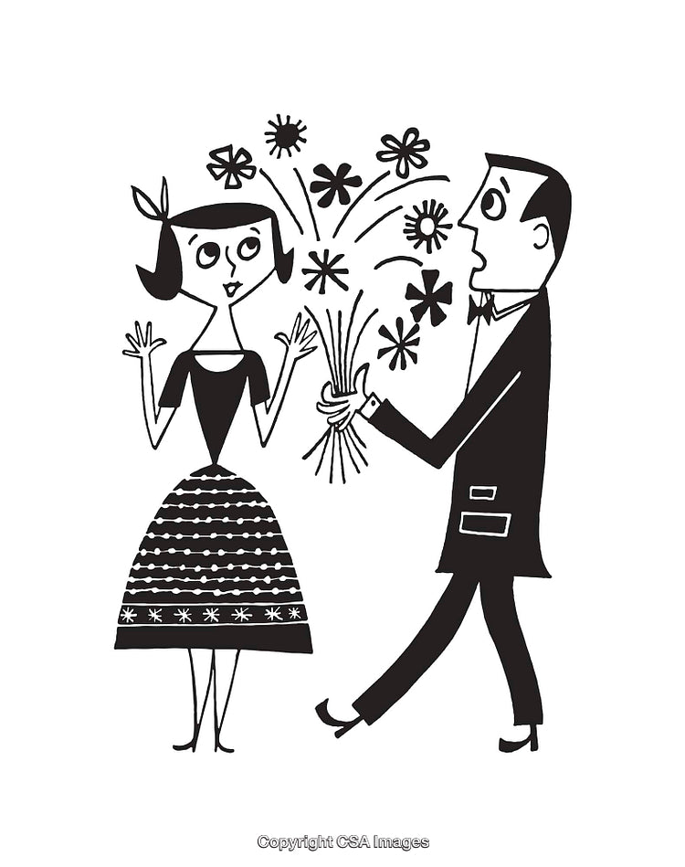 Retro Illustration of a Man Offering Flowers to a Woman