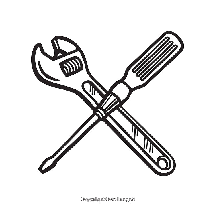 Line Art Illustrations of Tools Featuring a Wrench and a Screwdriver