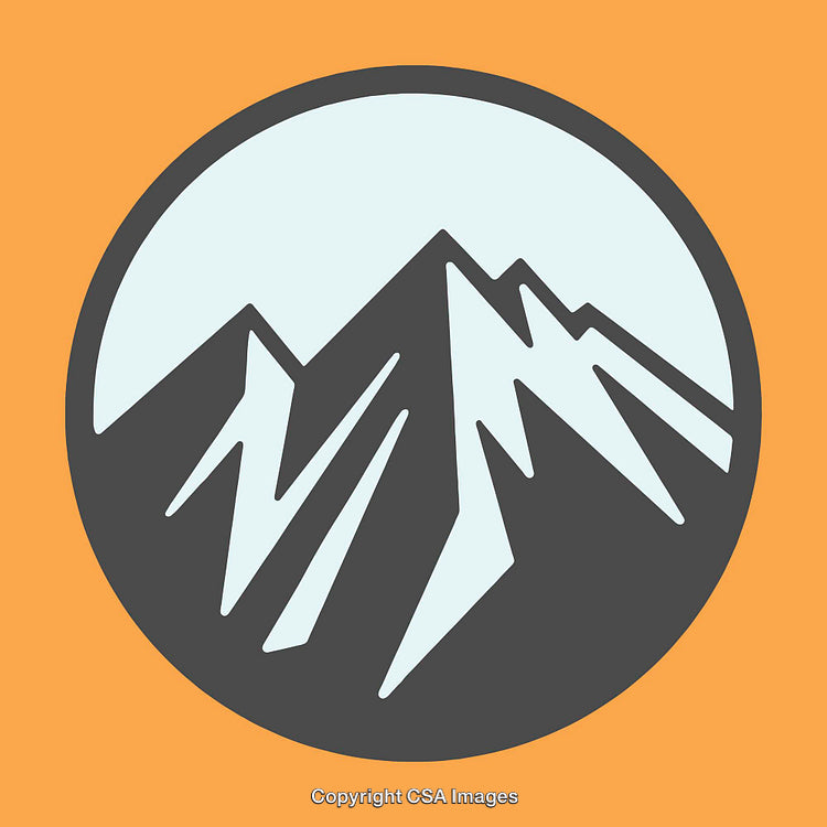 Stylized Mountain Scene in a Circular Design with Orange Background