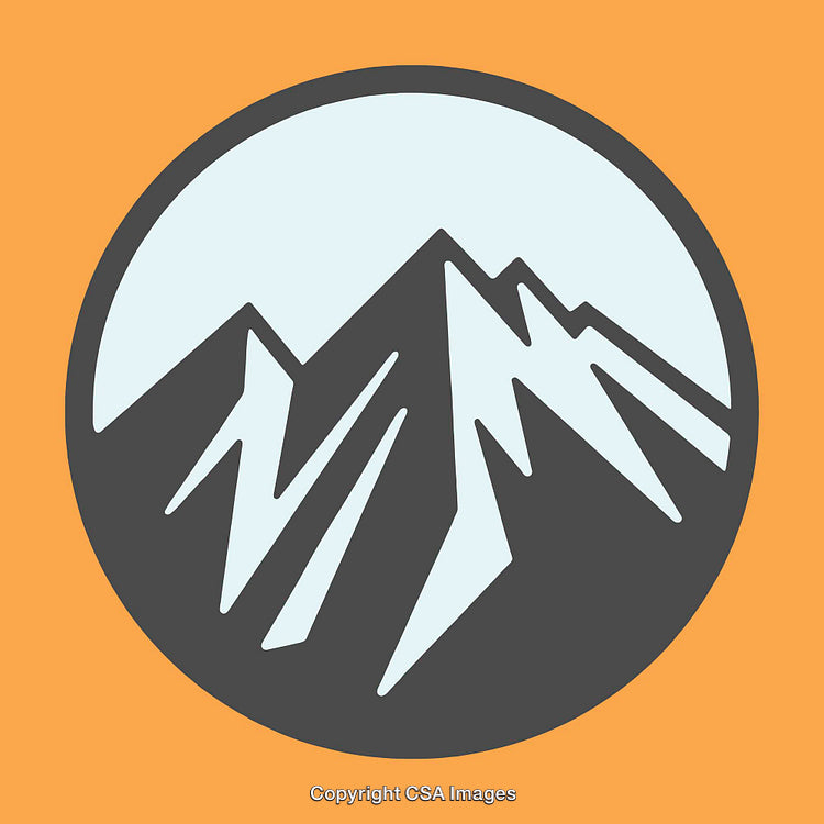 Stylized Mountain Scene in a Circular Design with Orange Background