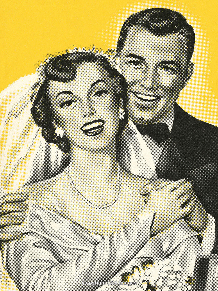 Retro Illustration of a Happy Bride and Groom in Wedding Attire