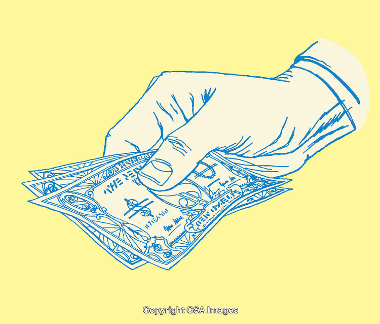 Illustrated Hand Offering Cash on Yellow Background in Line Art Style