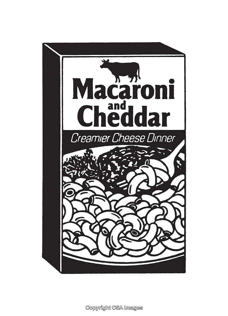 Black And White Line Art Illustration of Macaroni and Cheese Packaging