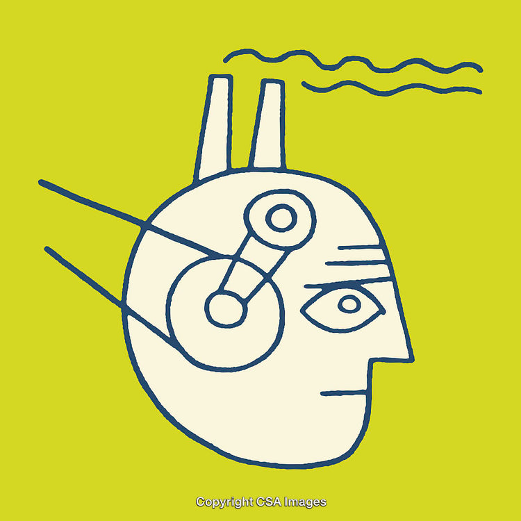 Abstract Line Art Illustration of a Robotic Head on Lime Green Background